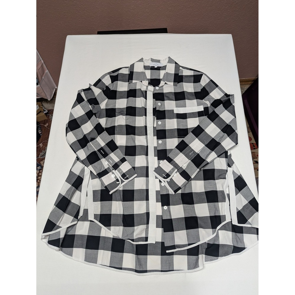 Pearl by Lela Rose Buffalo Check Button Down Shirt Black White Grosgrain Trim M